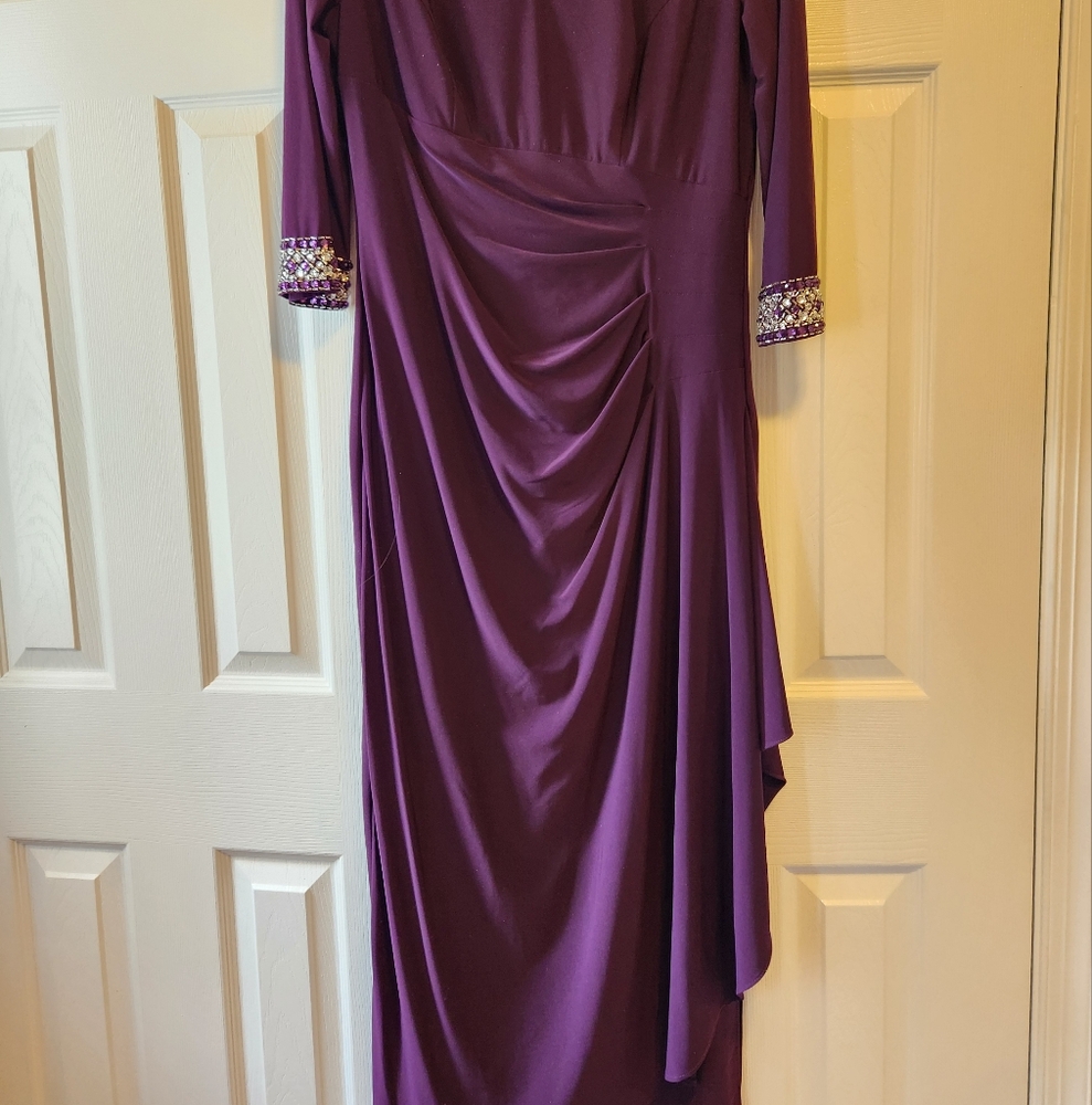 Alex Evening dress 12, purple, side slit, bejeweled sleeves.